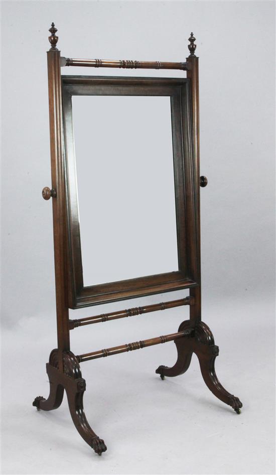 A Regency mahogany cheval glass, W.2ft 9in. H.5ft 3in.